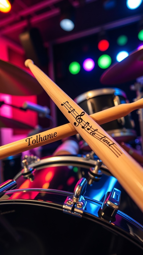 Personalized engraved drumsticks on a drum kit with stage lights in the background.
